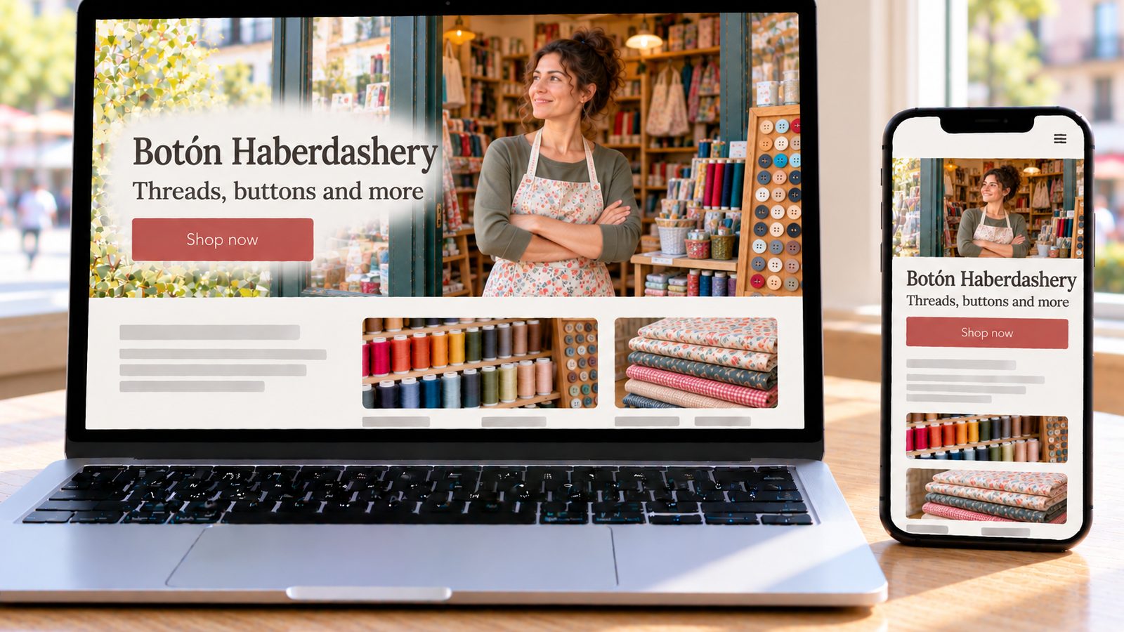 A laptop and smartphone display the Botón Haberdashery website with a smiling shopkeeper at her store entrance.