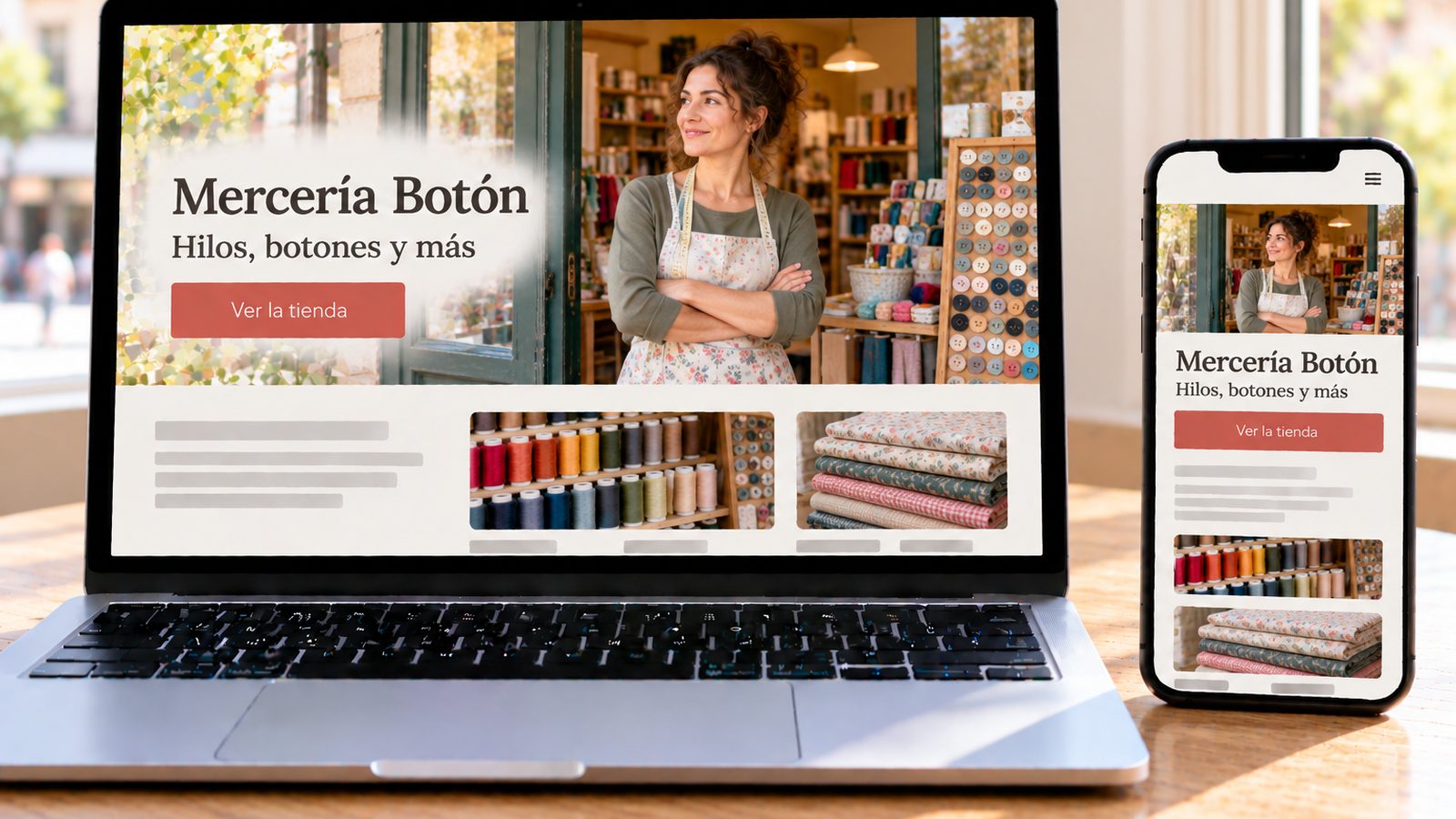 Un portátil y un móvil muestran la web de Mercería Botón con la comerciante en la entrada de su tienda.