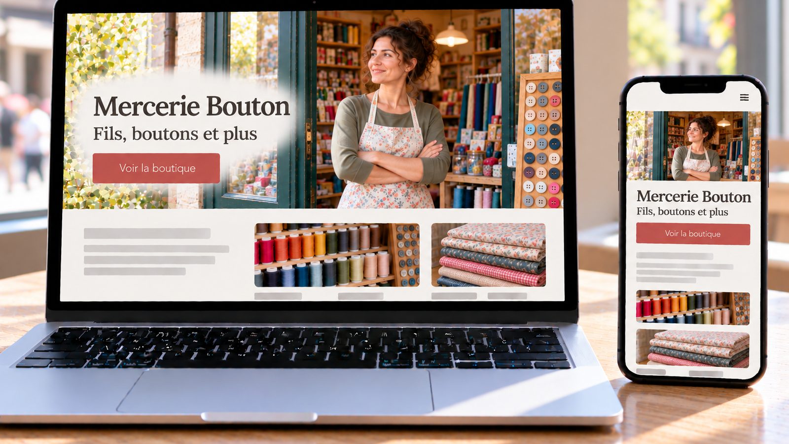 Un ordinateur et un smartphone affichent le site Mercerie Bouton avec une commerçante souriante dans sa boutique.
