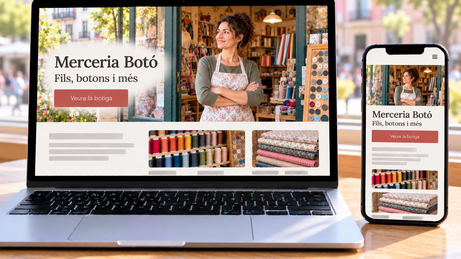 Un portàtil i un mòbil mostren la web de Merceria Botó amb la comerciant a la porta de la botiga.