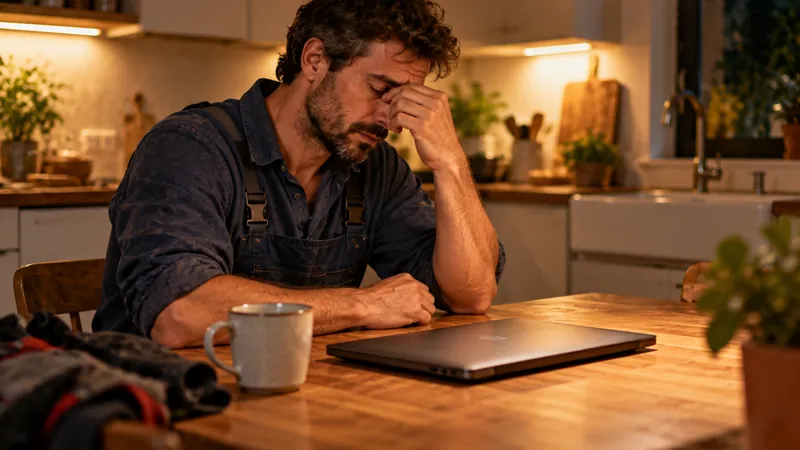 Un fontanero cansado se frota los ojos sentado a la mesa de la cocina, junto a un portátil cerrado, de noche.