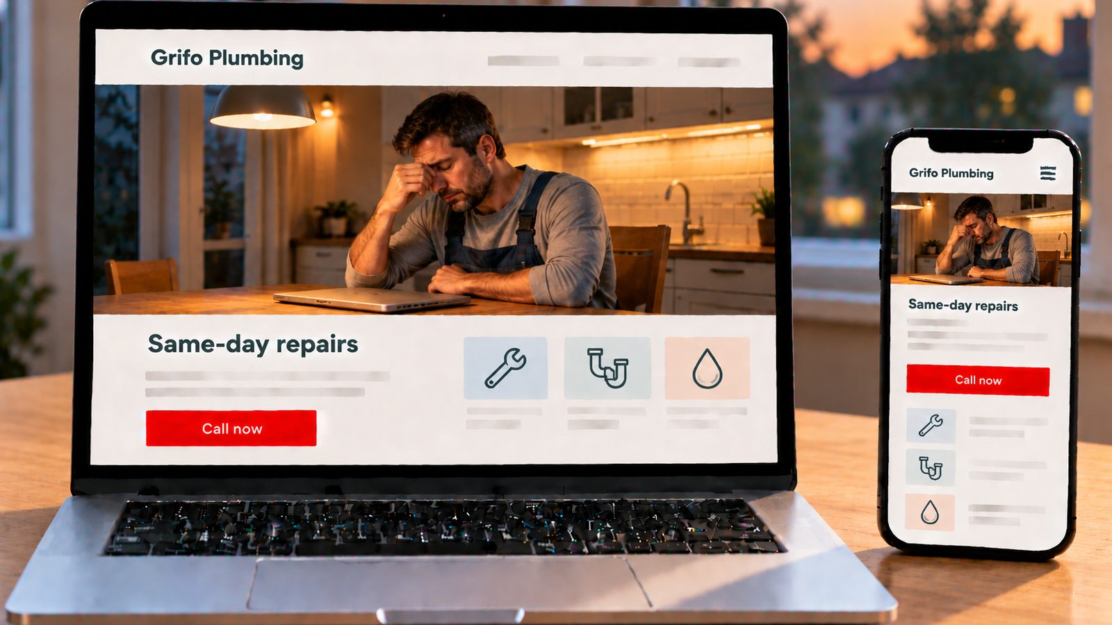 A laptop and smartphone show the Grifo Plumbing website with a tired plumber at a kitchen table.