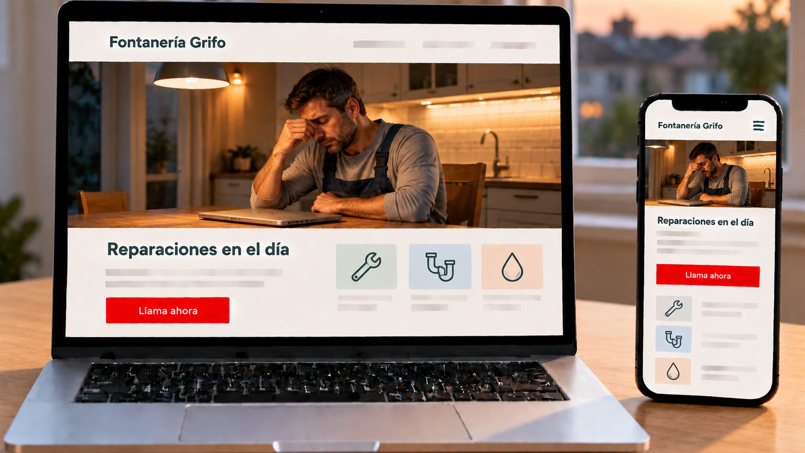Un portátil y un móvil muestran la web de Fontanería Grifo con un fontanero cansado ante su ordenador.
