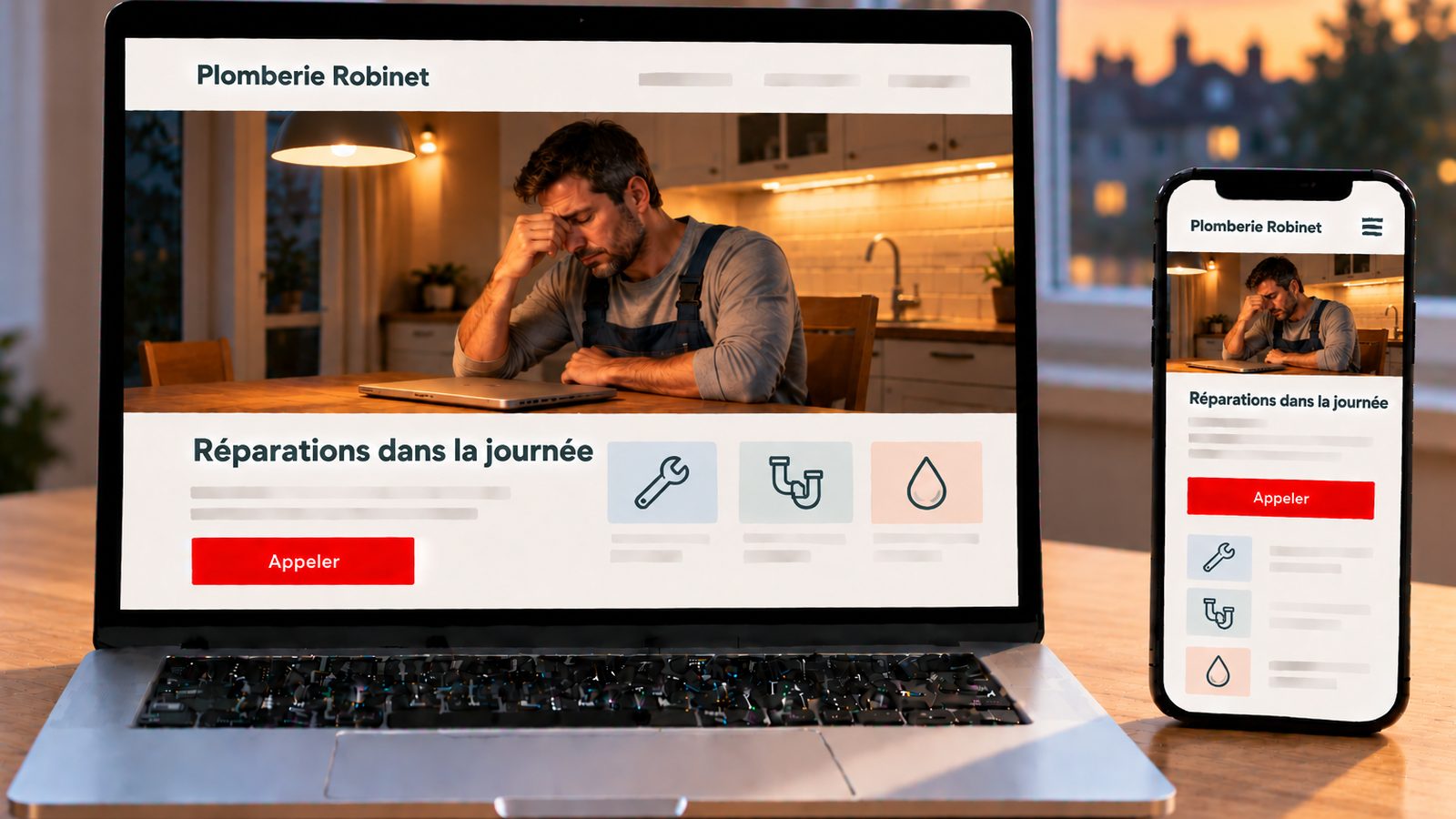 Un ordinateur et un smartphone affichent le site Plomberie Robinet avec un plombier fatigué dans sa cuisine.