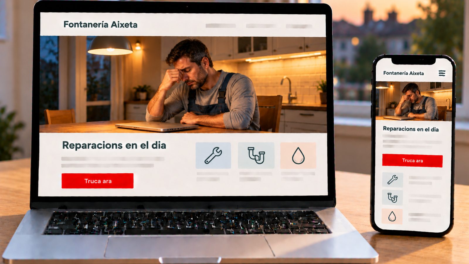 Un ordinador i un mòbil mostren la web de Fontaneria Aixeta amb un lampista cansat davant l'ordinador.