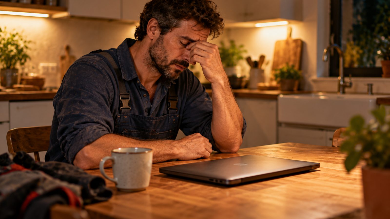 Un fontanero cansado se frota los ojos sentado a la mesa de la cocina, junto a un portátil cerrado, de noche.