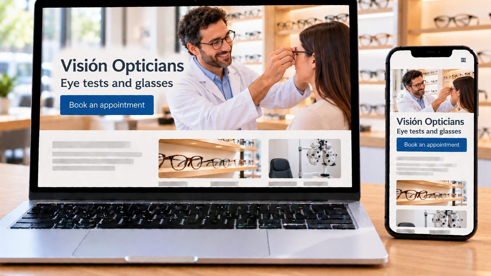Laptop and smartphone display an optician’s website featuring an optician fitting glasses on a customer.