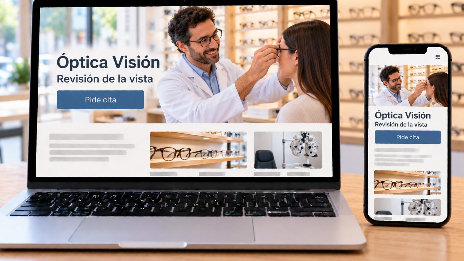Un portátil y un móvil muestran una web de óptica con un profesional ajustando las gafas a una clienta.