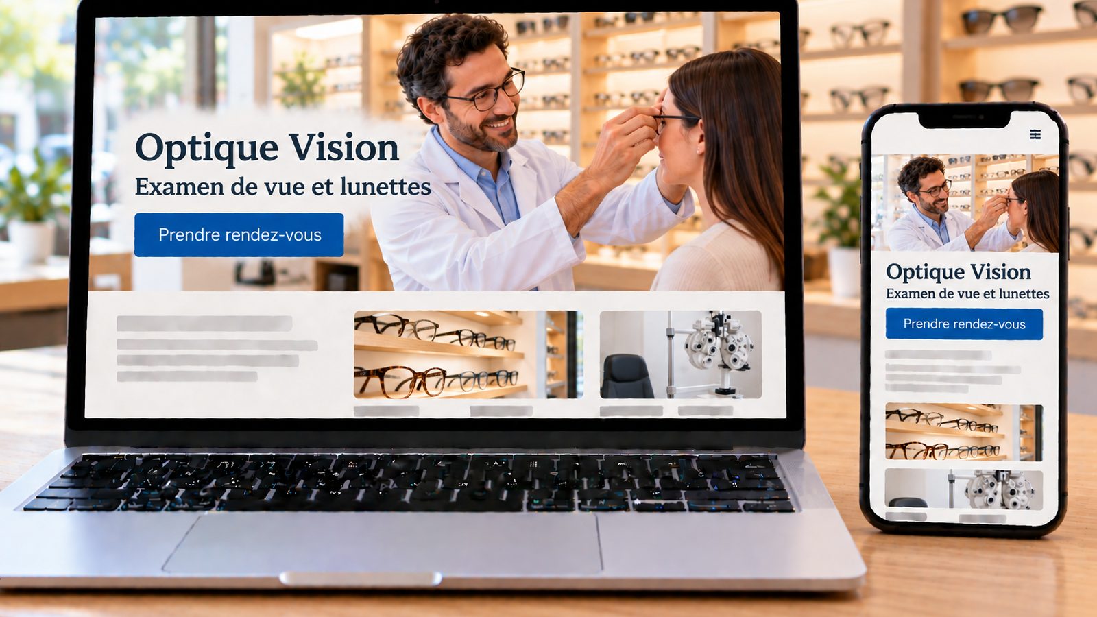 Un ordinateur et un smartphone présentent un site d’opticien avec un professionnel ajustant les lunettes d’une cliente.