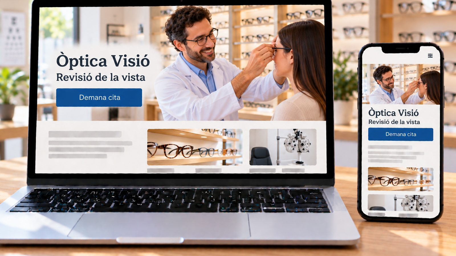 Un portàtil i un mòbil mostren una web d’òptica amb un professional ajustant les ulleres a una clienta.