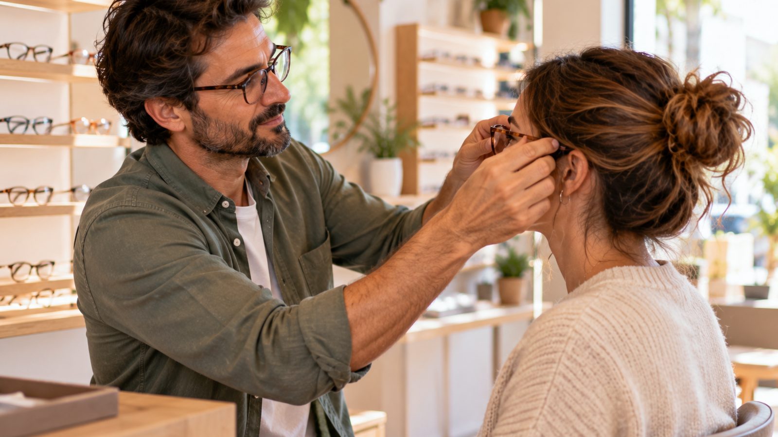 Un óptico ajusta con cuidado las gafas de una clienta sentada en una tienda luminosa.