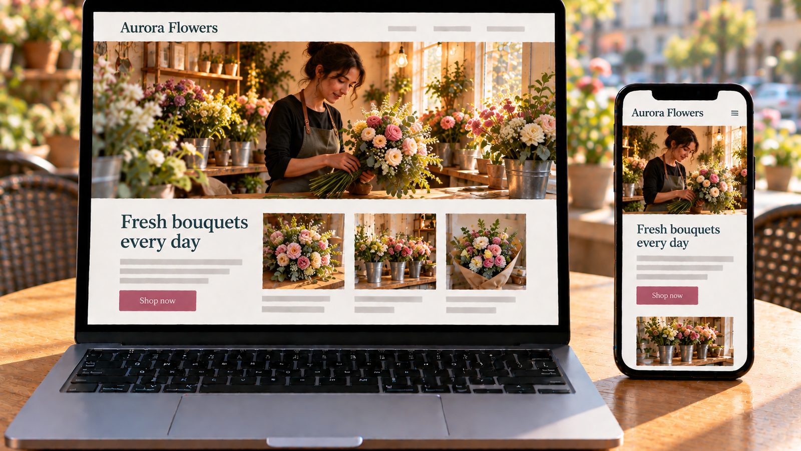 A laptop and smartphone display a florist website featuring a bouquet on the homepage.