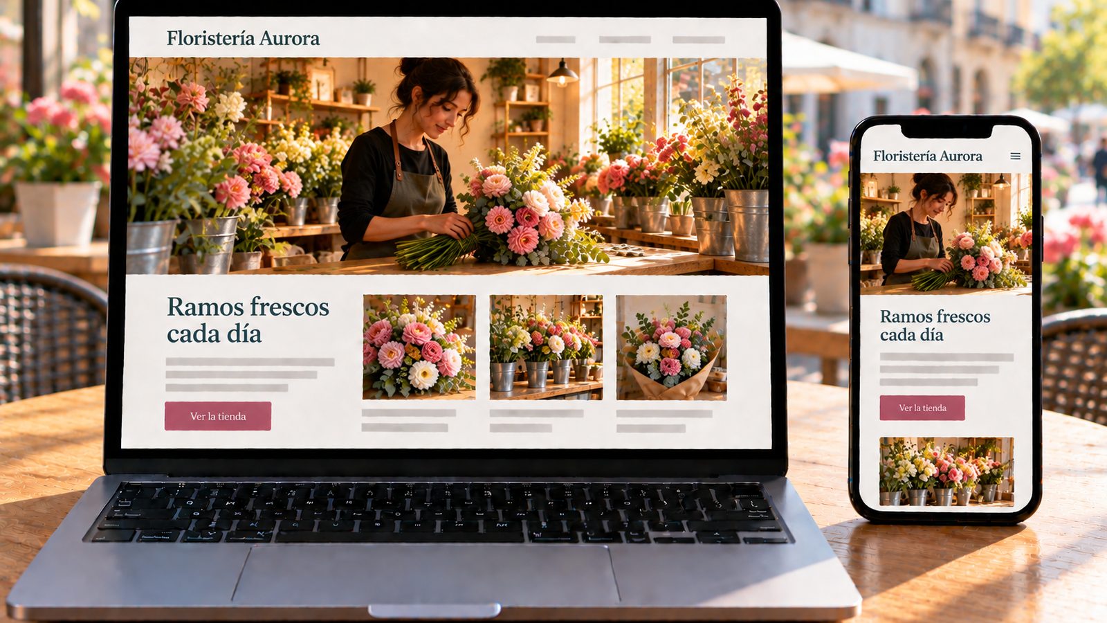 Un portátil y un móvil muestran la web de una floristería con un ramo de flores en la página principal.