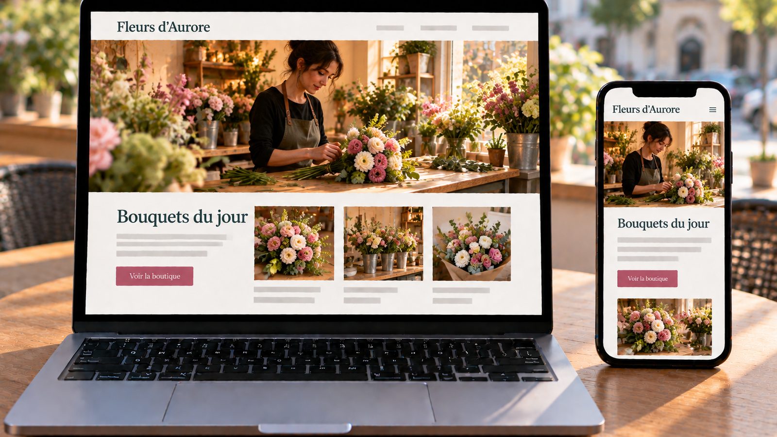 Un ordinateur et un smartphone affichent le site d'une fleuriste avec un bouquet en page d'accueil.