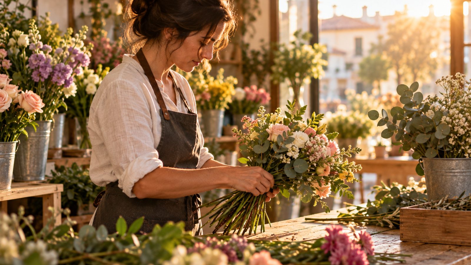 Une fleuriste compose un bouquet de fleurs variées sur un comptoir en bois dans une boutique lumineuse.