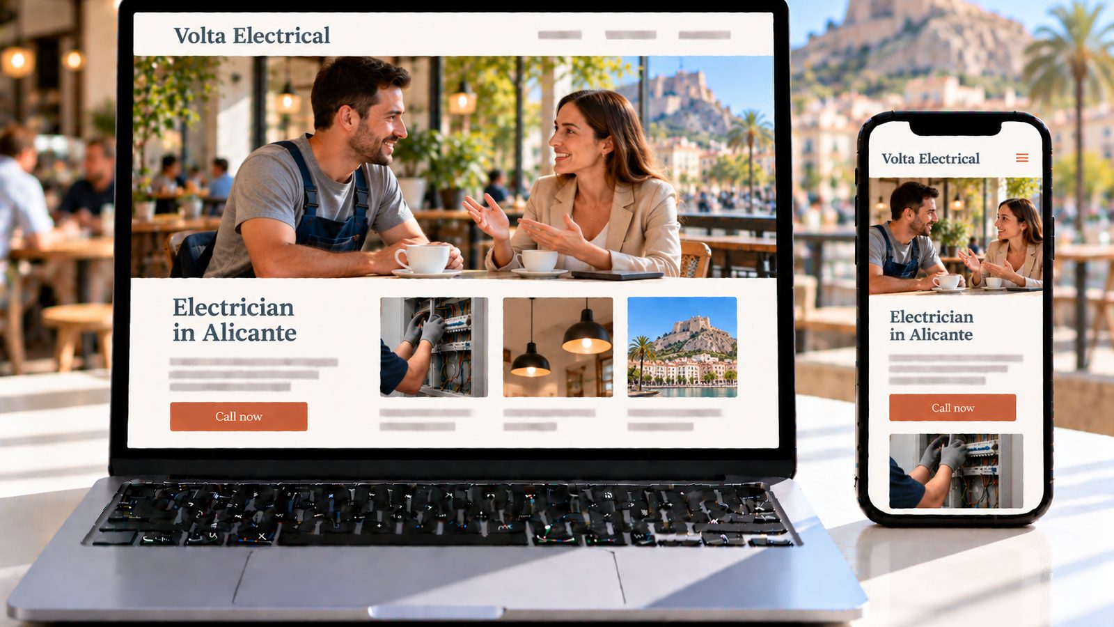 Laptop and phone display the Volta Electrical website, featuring an electrician and a consultant talking in a café.