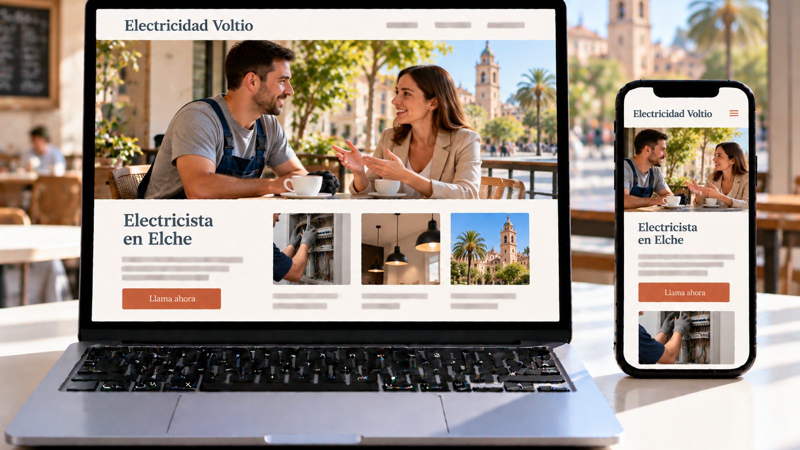 Portátil y móvil muestran la web Electricidad Voltio con un electricista y una asesora conversando en un café.