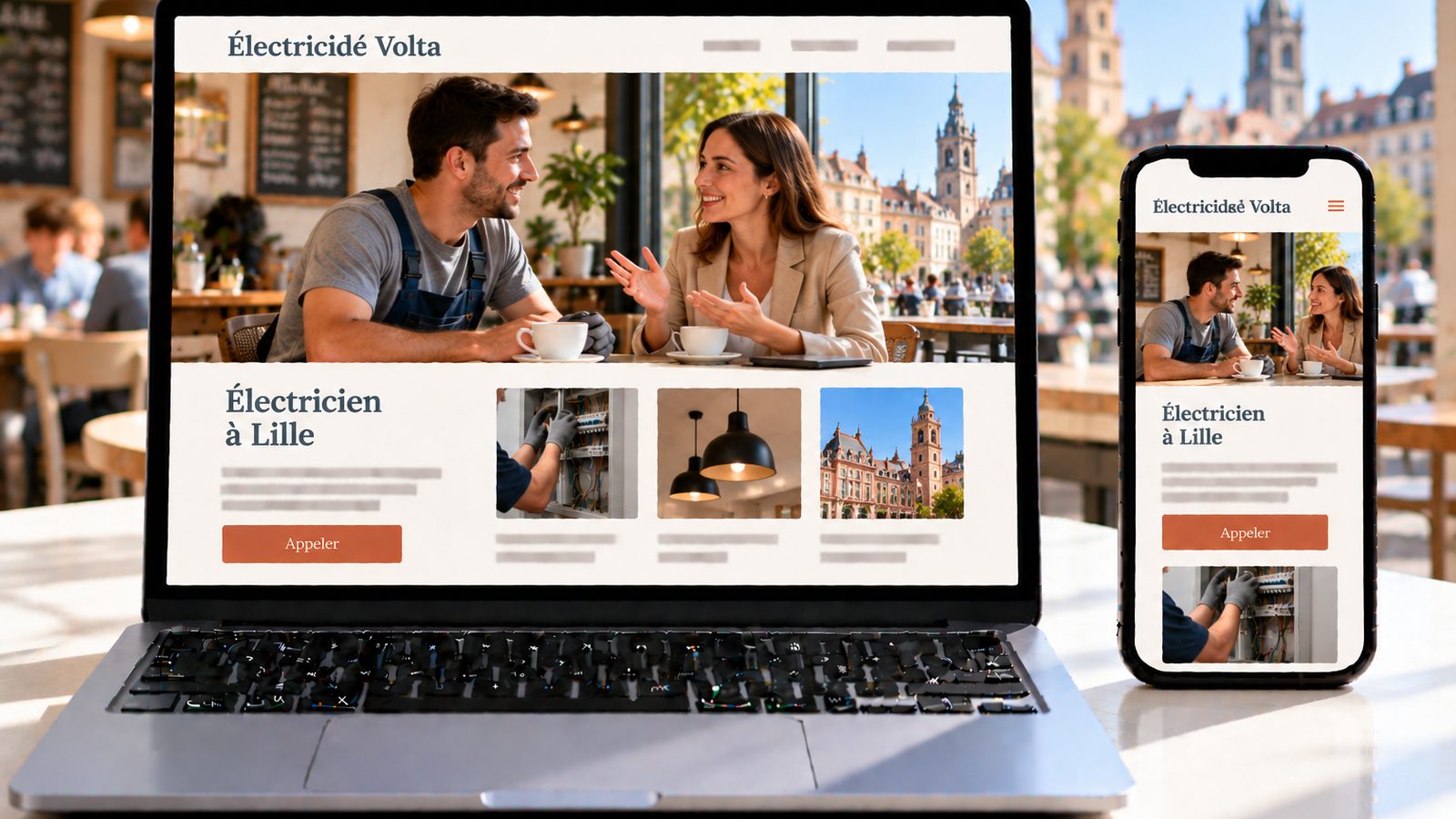 Un ordinateur et un téléphone affichent le site Électricité Volta, avec un électricien et une conseillère discutant dans un café.