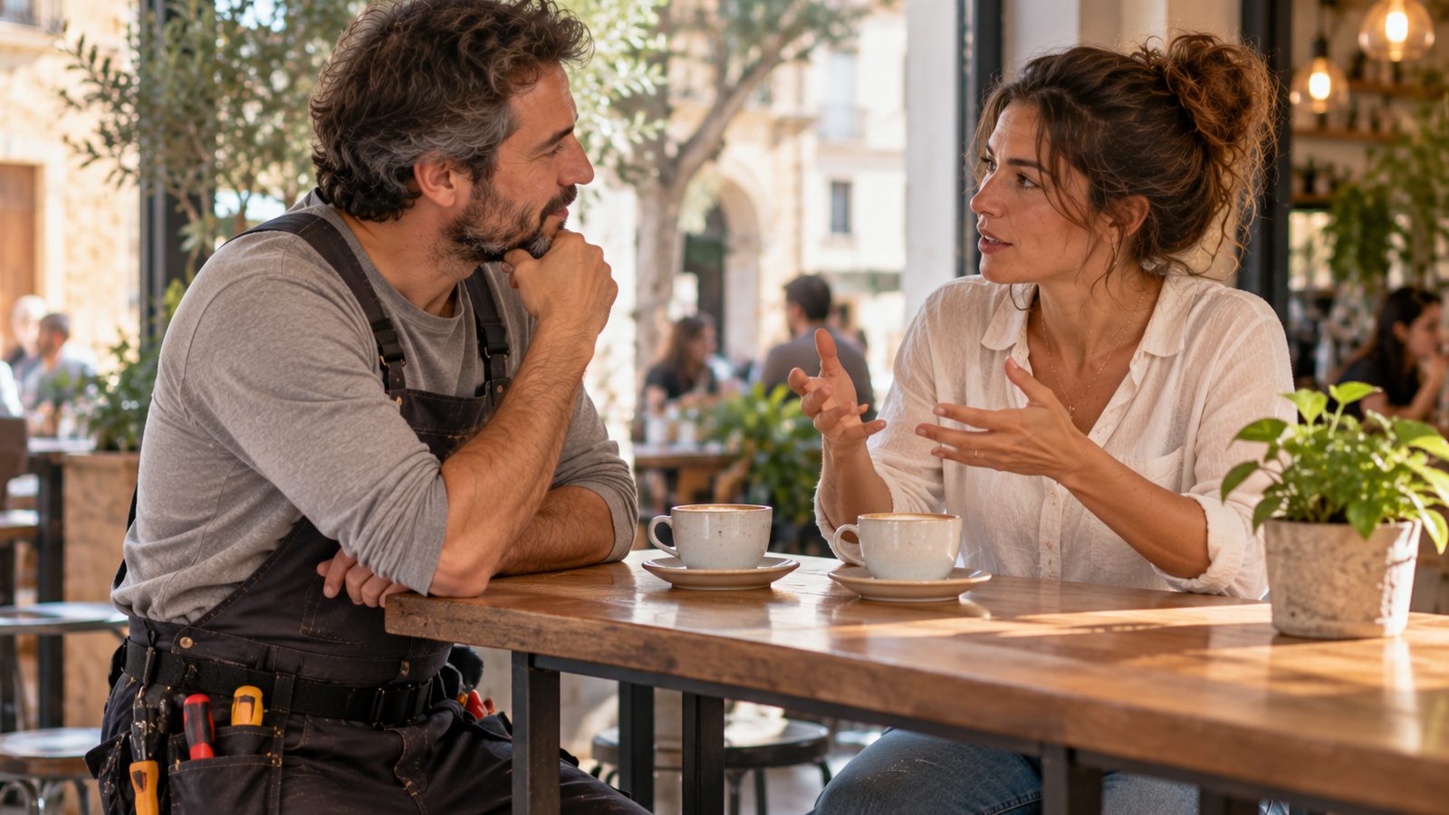 Un electricista y una asesora conversan en una mesa alta de un café, con dos tazas entre ambos.