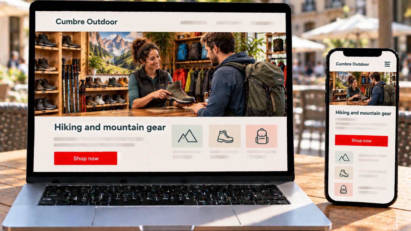 A laptop and smartphone show the Cumbre Outdoor website with a shop assistant presenting hiking boots.