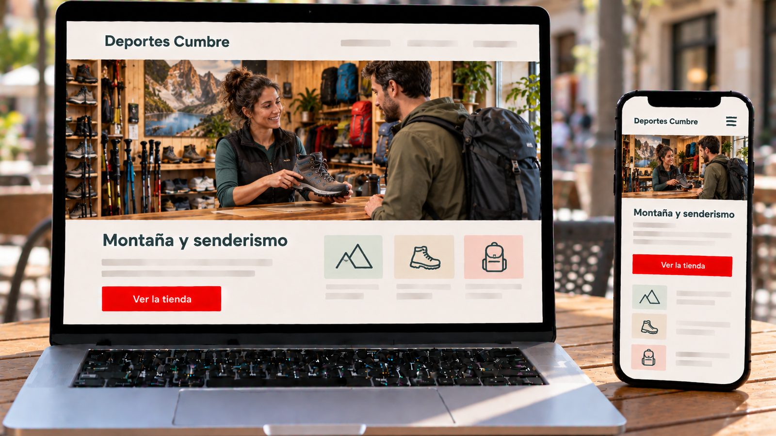 Un portátil y un móvil muestran la web de Deportes Cumbre con una dependienta enseñando botas de montaña.