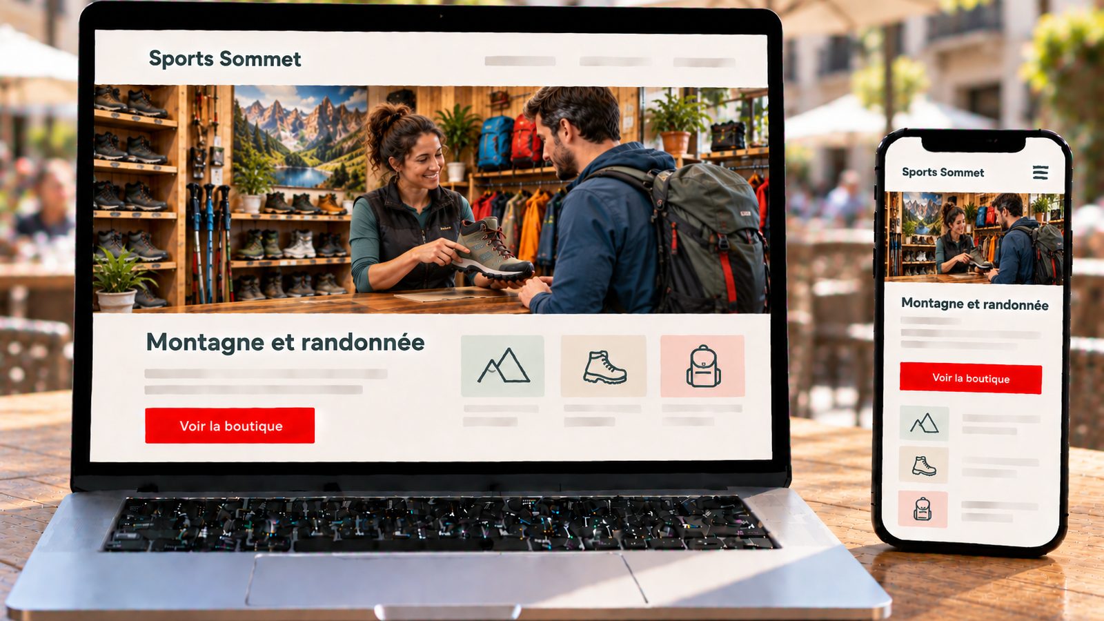 Un ordinateur et un smartphone affichent le site Sports Sommet avec une vendeuse présentant des chaussures de randonnée.