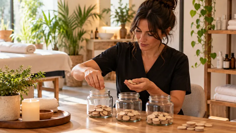 La gerente de un centro de belleza clasifica fichas de madera en tres tarros de cristal sobre una mesa.