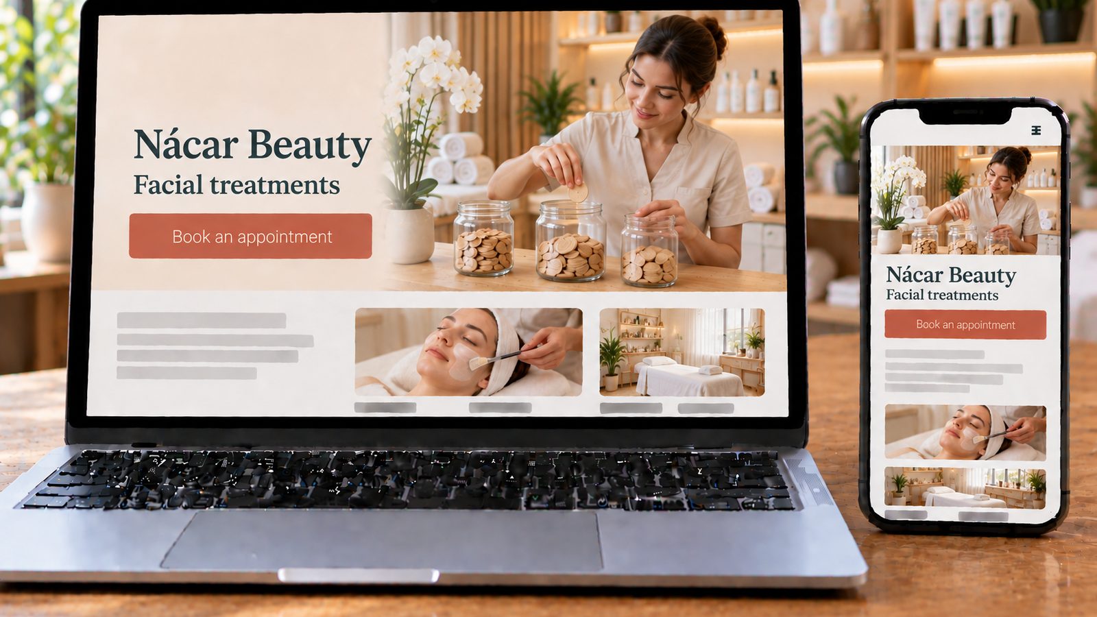 A laptop and smartphone display the Nácar Beauty website, with an esthetician arranging wooden tokens in glass jars.