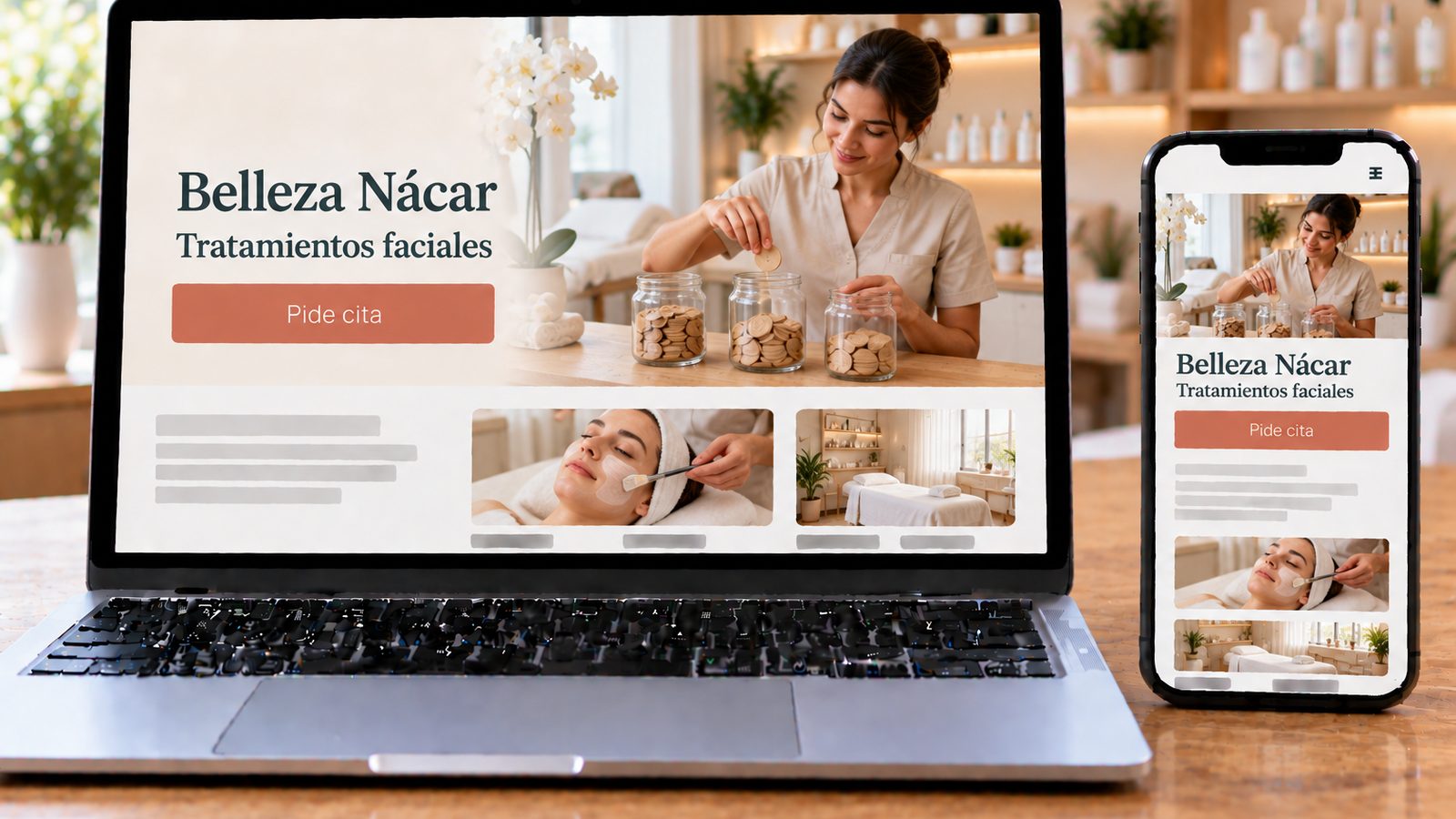 Un portátil y un móvil muestran la web de Belleza Nácar, con una esteticista organizando fichas de madera en tres tarros.