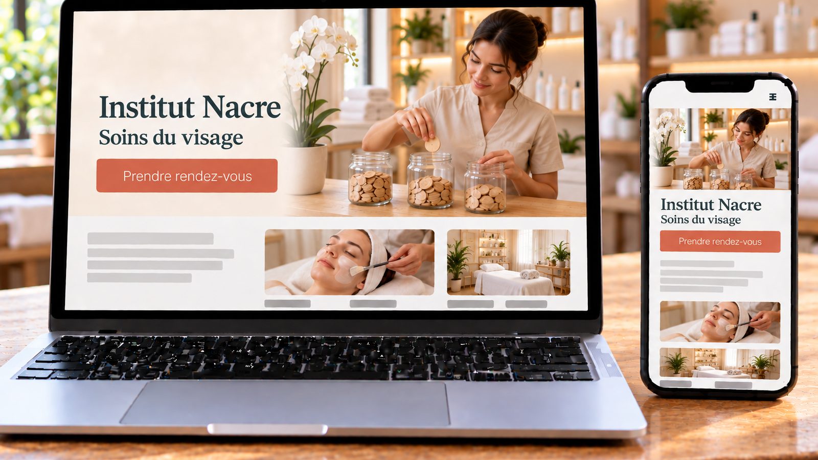 Un ordinateur portable et un smartphone affichent le site de l’Institut Nacre, avec une esthéticienne répartissant des jetons dans trois bocaux.