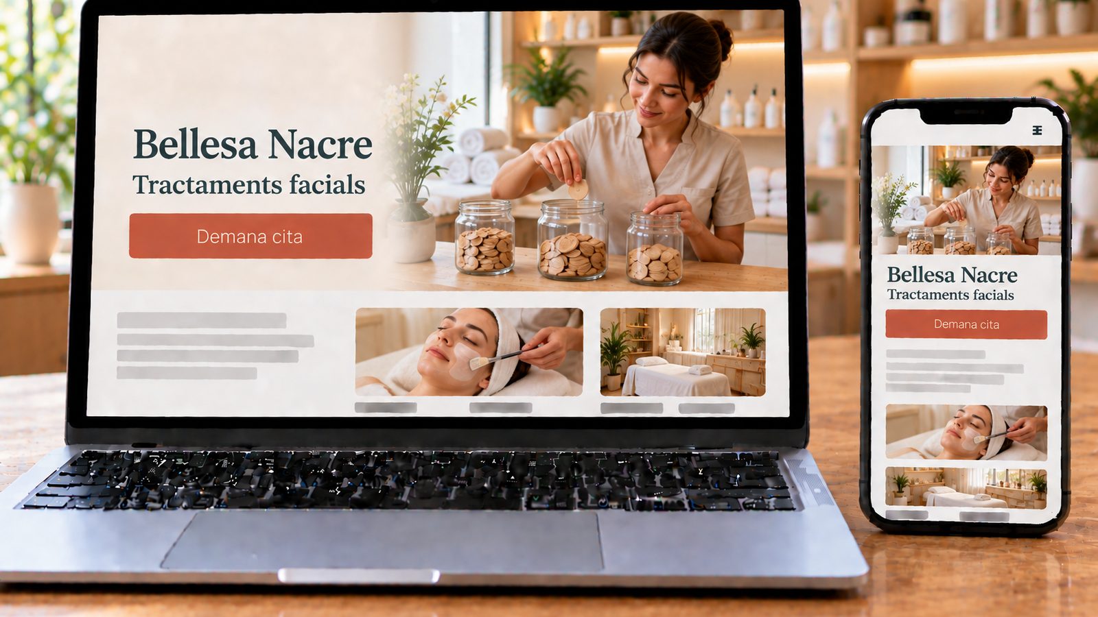 Un portàtil i un mòbil mostren la web de Bellesa Nacre, amb una esteticista repartint fitxes de fusta en tres pots.