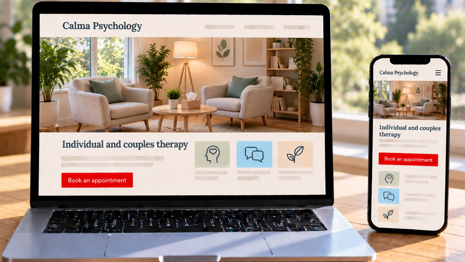 A laptop and smartphone display the Calma Psychology website with a calm, welcoming therapy room.