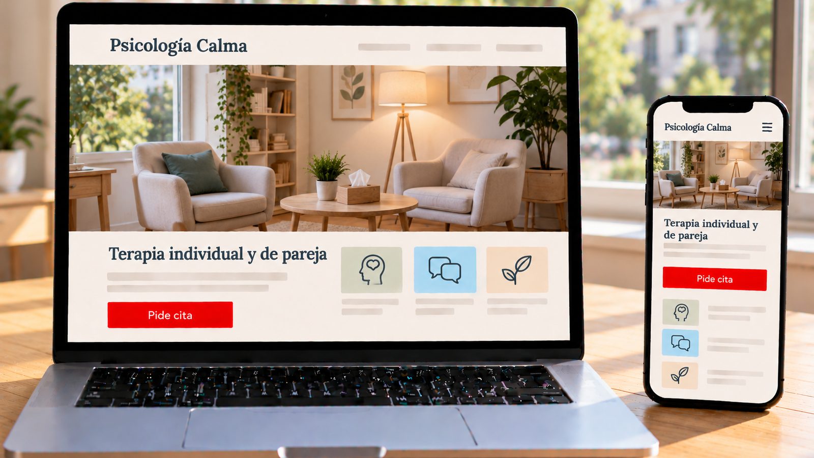 Un portátil y un móvil muestran la web de Psicología Calma con una sala de terapia acogedora y luminosa.