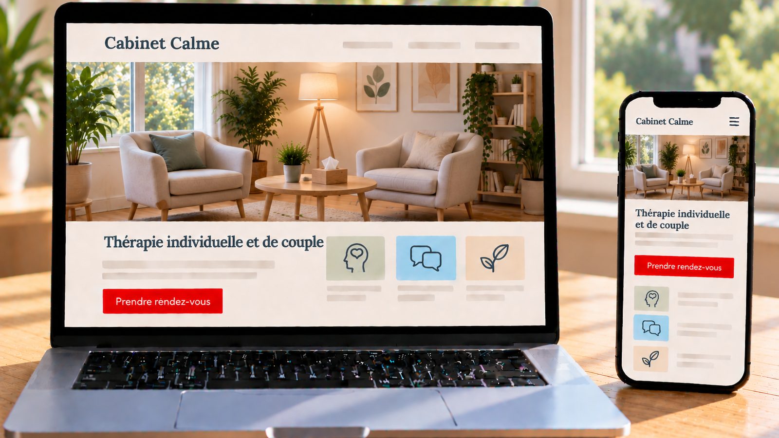 Un ordinateur et un smartphone affichent le site Cabinet Calme avec une salle d’attente accueillante et lumineuse.