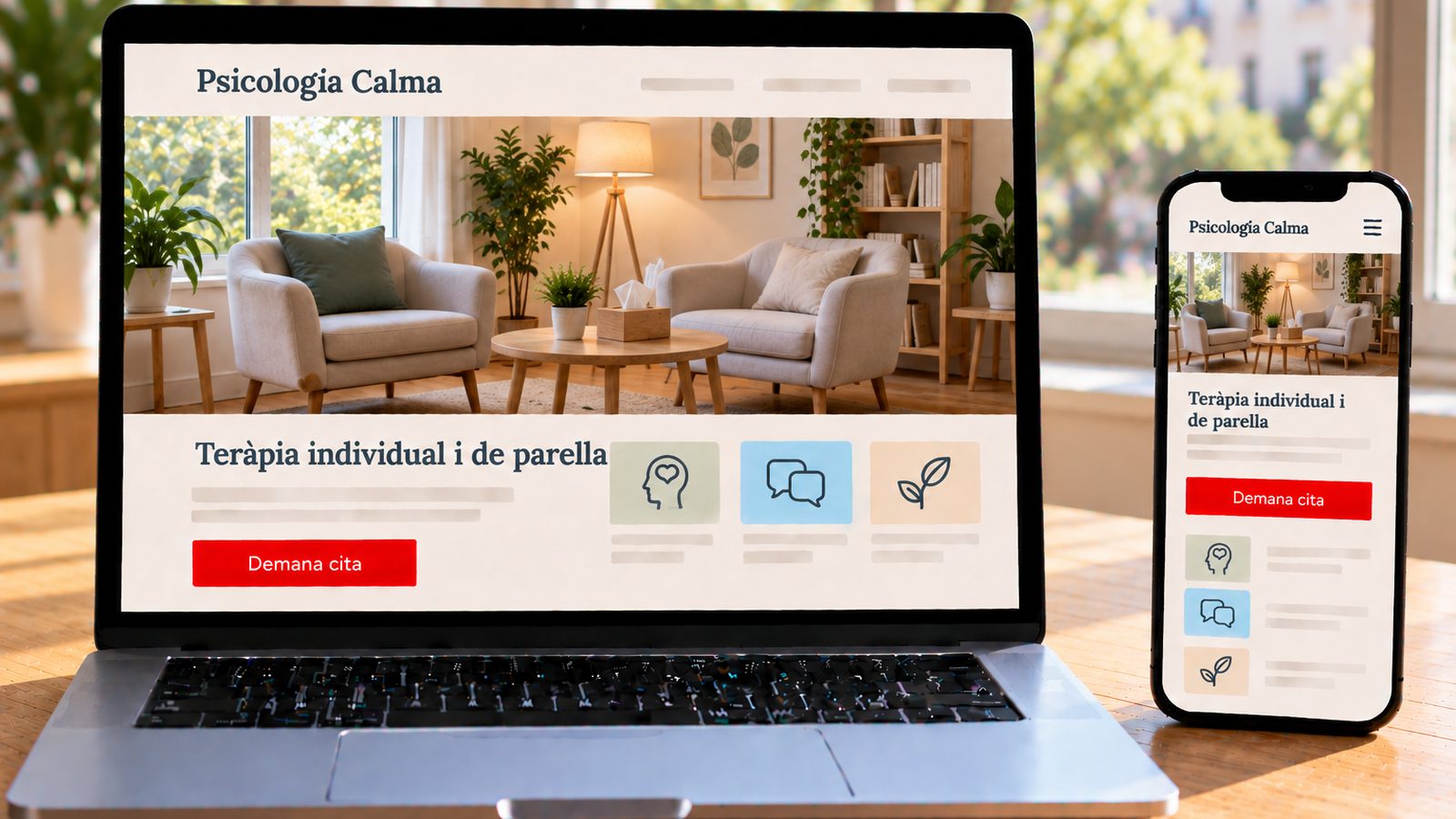 Un portàtil i un mòbil mostren la web de Psicologia Calma amb una sala d'espera acollidora i lluminosa.
