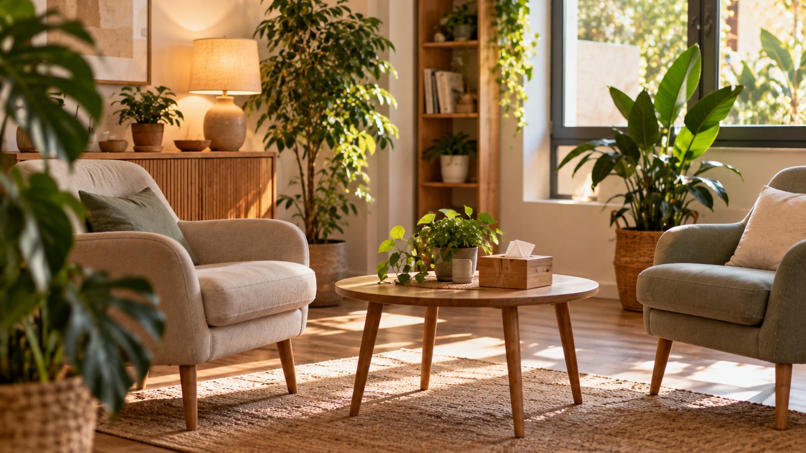 An empty psychology waiting room with two armchairs, a warm lamp, plants and natural light beside a window.