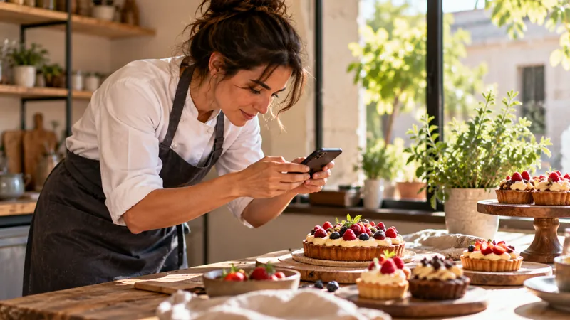 Una pastelera fotografía con su móvil una selección de tartas y pasteles sobre una mesa de madera junto a una ventana.