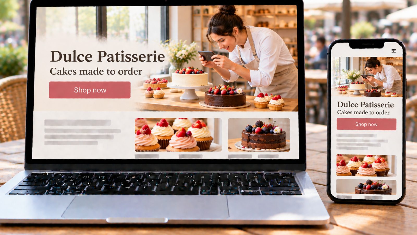 Laptop and smartphone display a bakery website with a pastry chef photographing cakes and cupcakes.