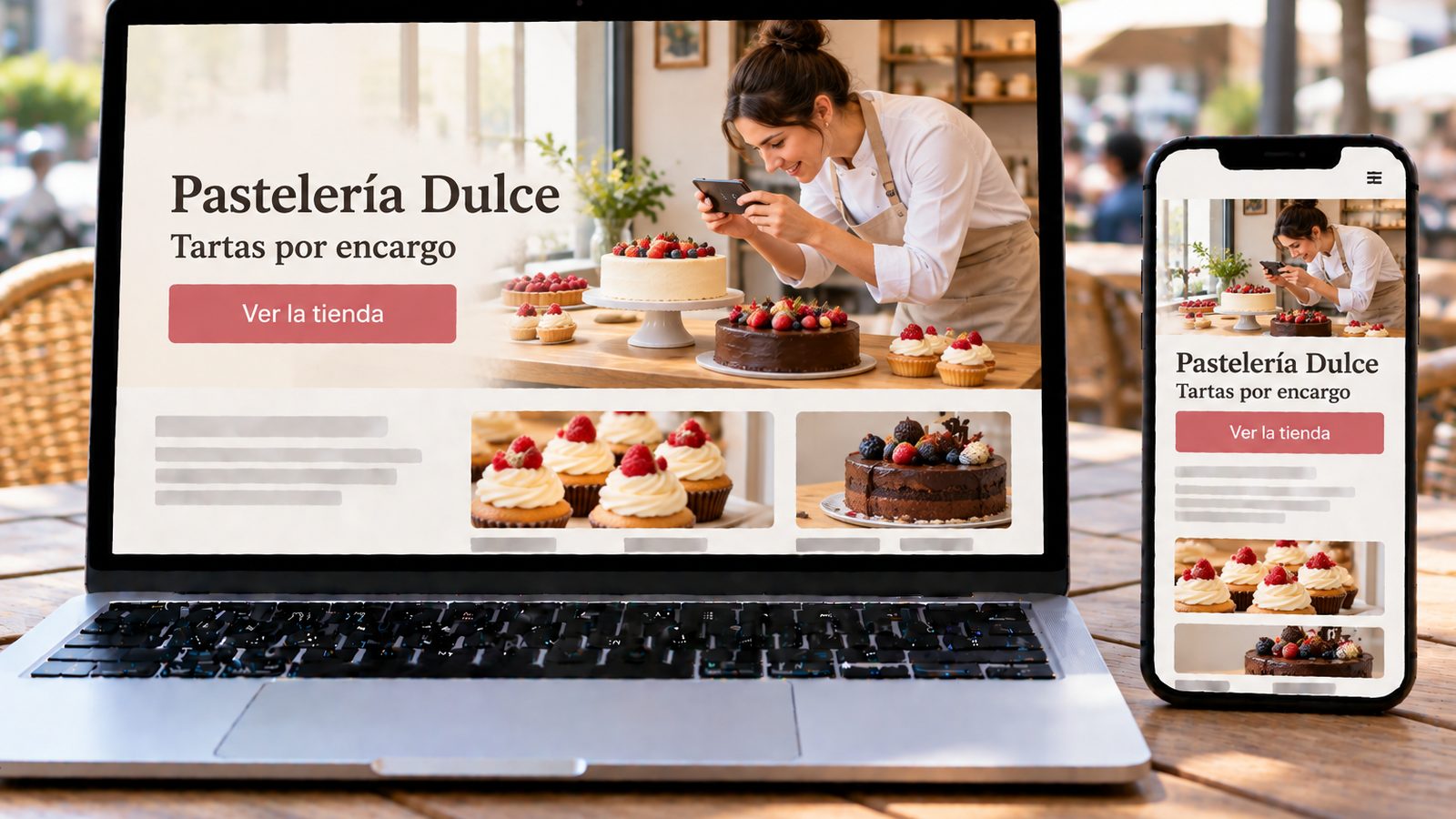 Un portátil y un móvil muestran la web de una pastelería con una repostera fotografiando tartas.