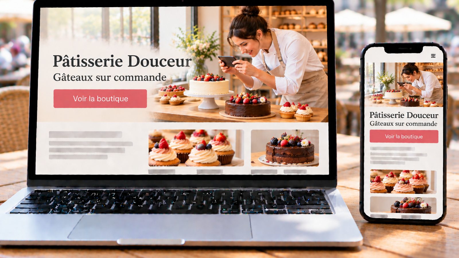 Un ordinateur portable et un smartphone affichent un site de pâtisserie avec une pâtissière photographiant des gâteaux.