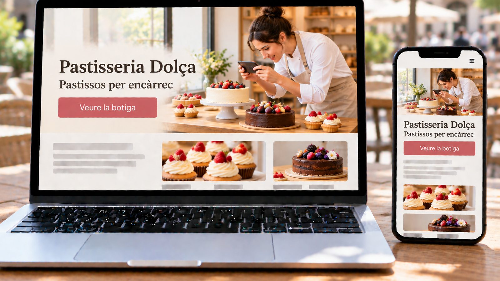 Un portàtil i un mòbil mostren una web de pastisseria amb una pastissera fotografiant diversos pastissos.