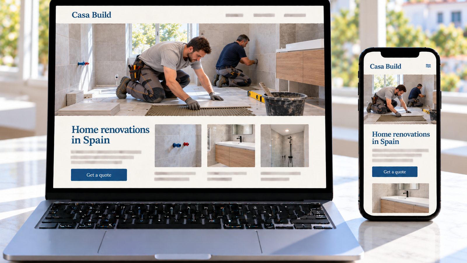 Laptop and phone display the Casa Build website, featuring two workers tiling a bathroom during renovation.