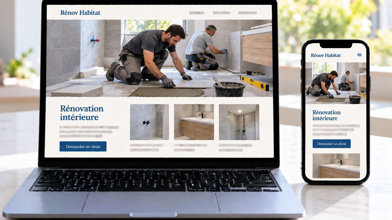 Un ordinateur et un téléphone affichent le site Rénov Habitat, avec deux artisans posant du carrelage dans une salle de bains en rénovation.