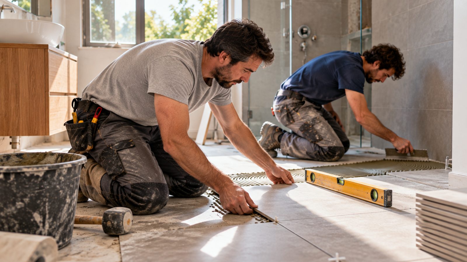 Two tradespeople lay large floor tiles in a bathroom under renovation, using a level and hand tools.