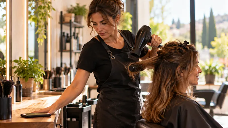 Una peluquera seca el cabello de una clienta mientras mira un teléfono colocado sobre el mostrador del salón.