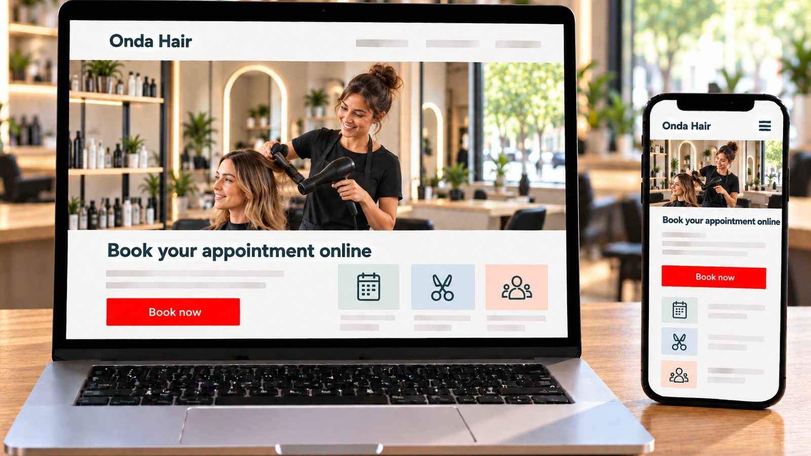 A laptop and smartphone show the Onda Hair website with a stylist serving a client in the salon.