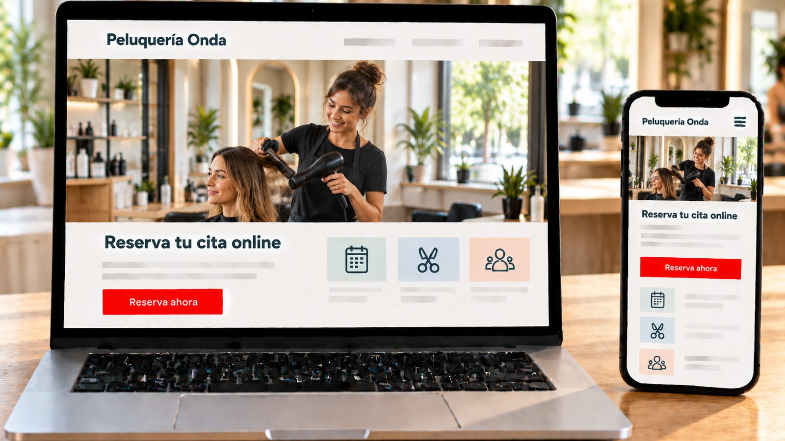 Un portátil y un móvil muestran la web de Peluquería Onda con una peluquera atendiendo a una clienta.