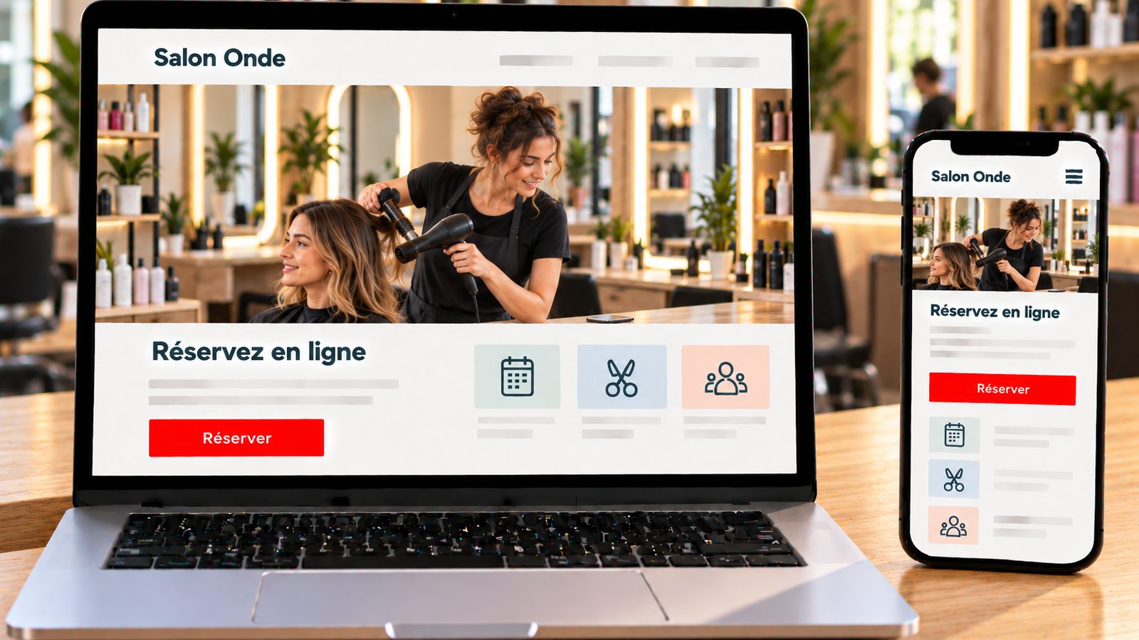 Un ordinateur et un smartphone affichent le site Salon Onde avec une coiffeuse et une cliente au salon.