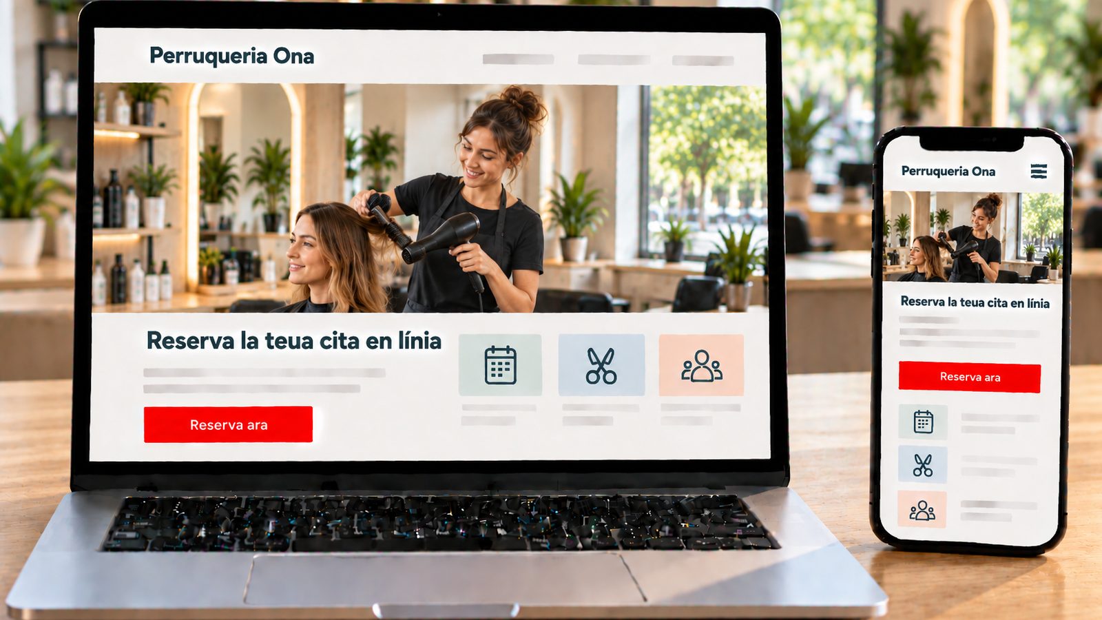 Un ordinador i un mòbil mostren la web de Perruqueria Ona amb una perruquera atenent una clienta.