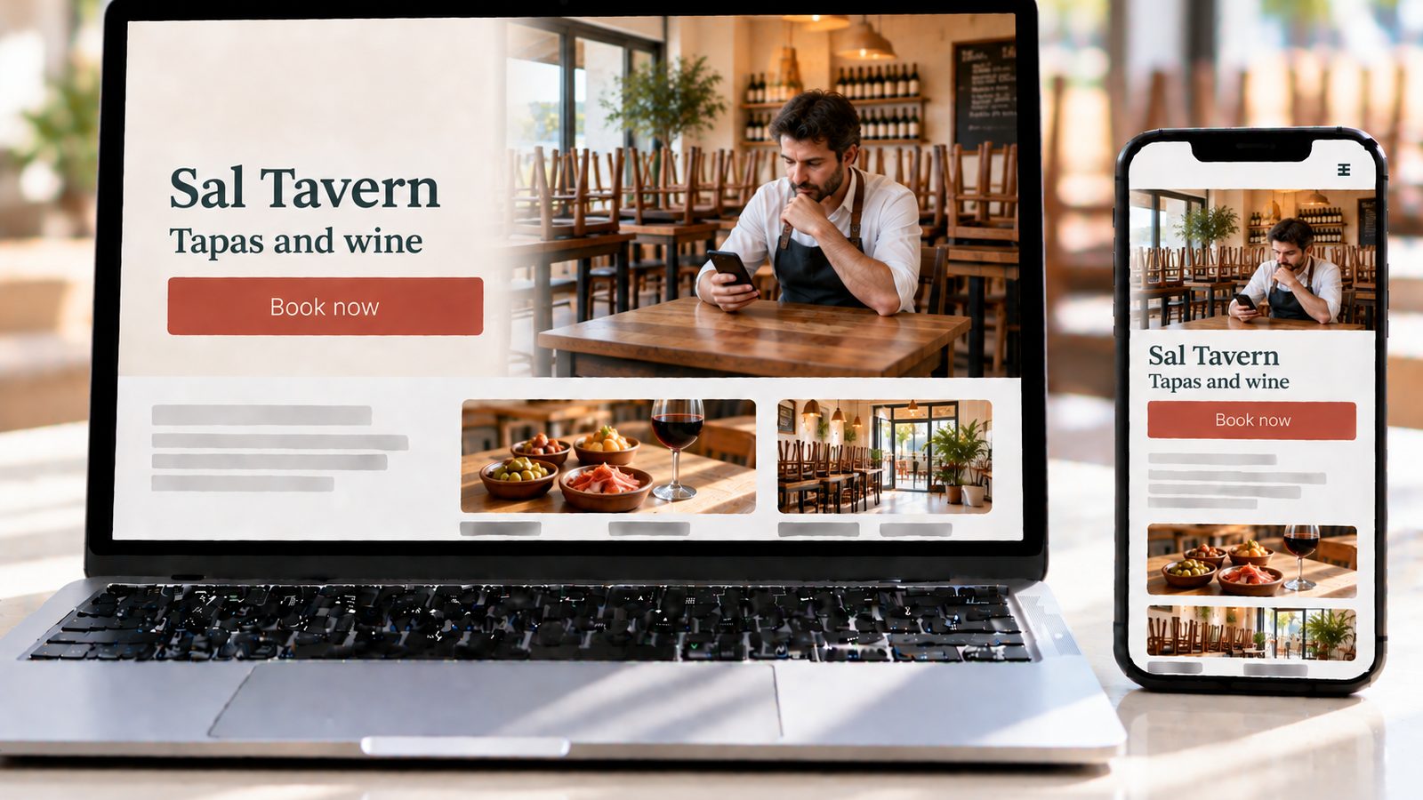 A laptop and smartphone display the Sal Tavern website, with a restaurateur reviewing his phone after service.
